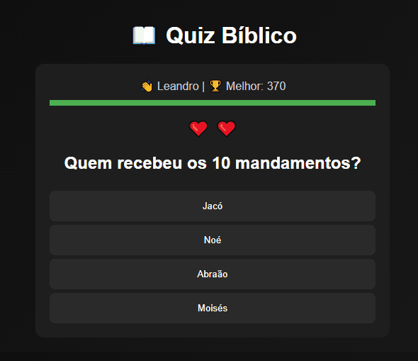 Preview de plataforma web de quiz bíblico
